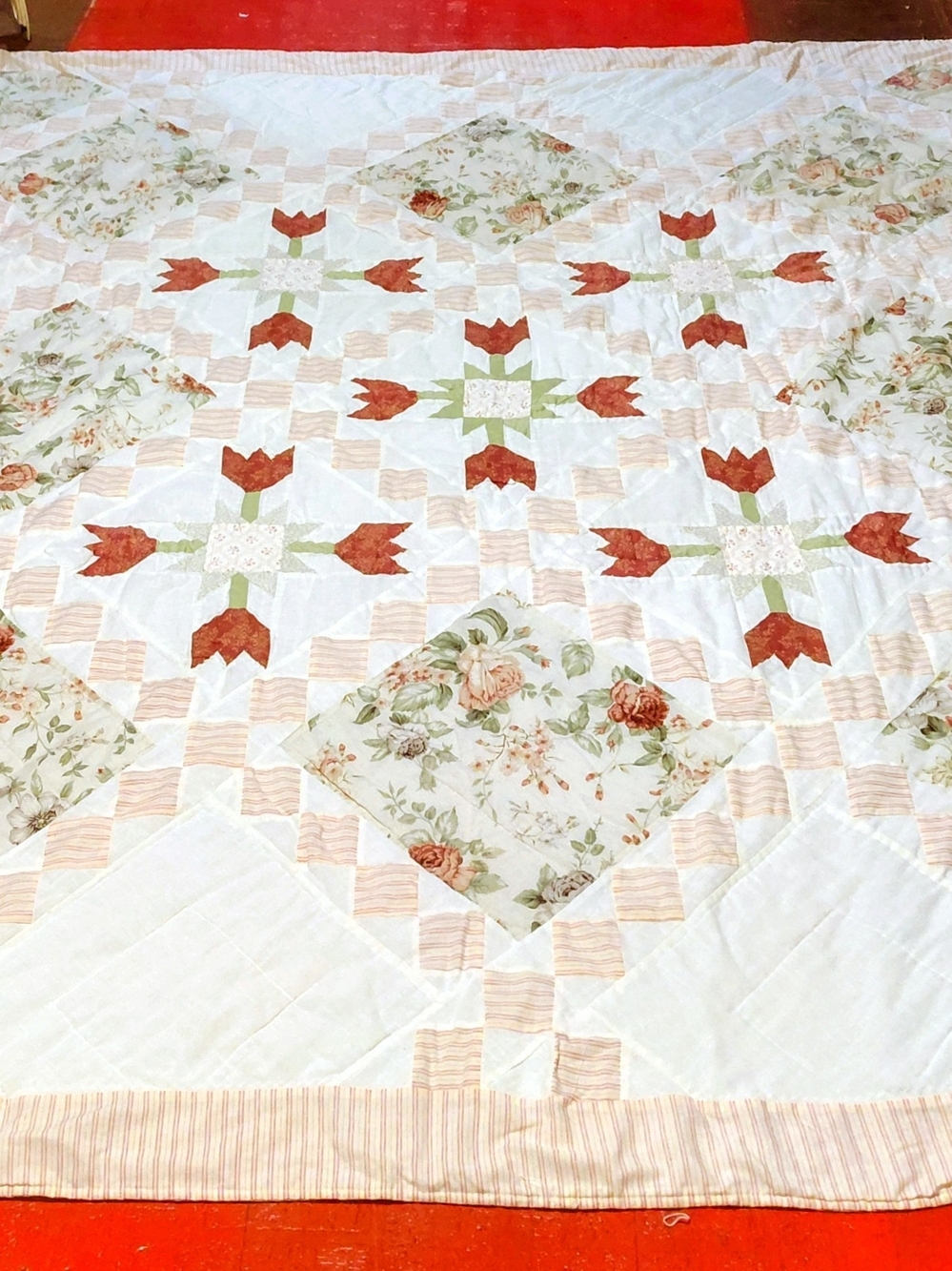 Floral Patchwork Quilted Bedspread in Cream and Rust Tulip